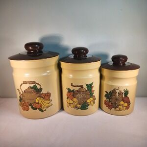 VTG Kromex Three Piece Yellow Brown Aluminum Wood Kitchen Canister Set Fruit USA